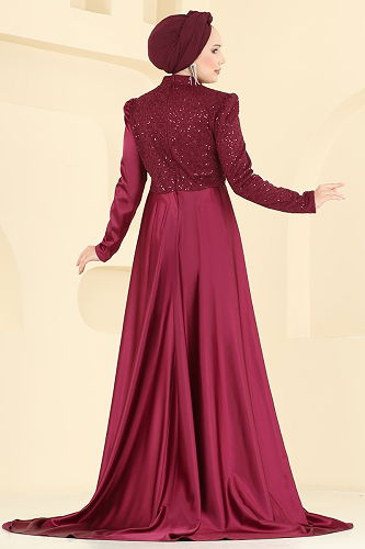 moda selvim Evening Dress 2849ELCK1161 Burgundy - Thumbnail