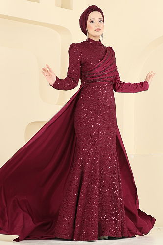 moda selvim Evening Dress 2849ELCK1161 Burgundy - Thumbnail