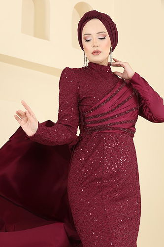 moda selvim Evening Dress 2849ELCK1161 Burgundy - Thumbnail