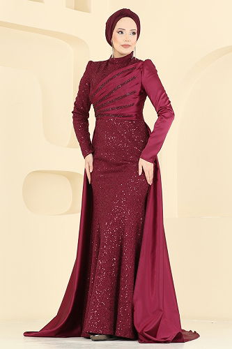 moda selvim فستان سهرة خمري 2849ELCK1161 - Thumbnail