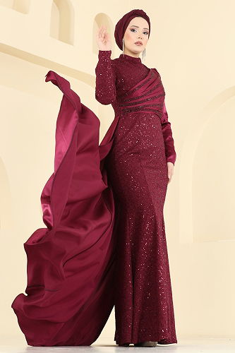 moda selvim فستان سهرة خمري 2849ELCK1161 - Thumbnail