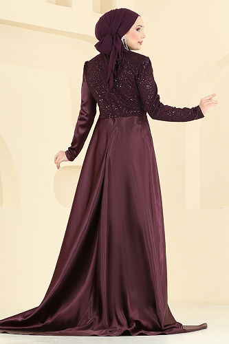 moda selvim Evening Dress 2849ELCK1161 Damson - Thumbnail