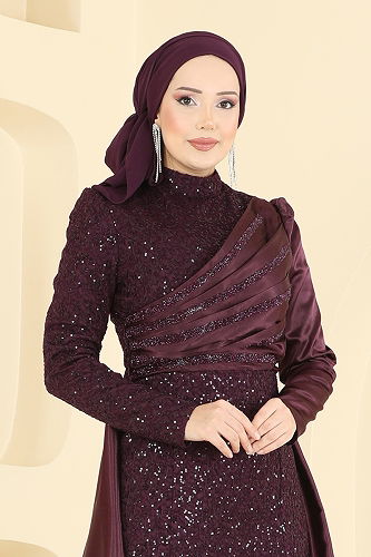 moda selvim Evening Dress 2849ELCK1161 Damson - Thumbnail