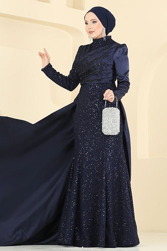 moda selvim Evening Dress 2849ELCK1161 Navy Blue - Thumbnail