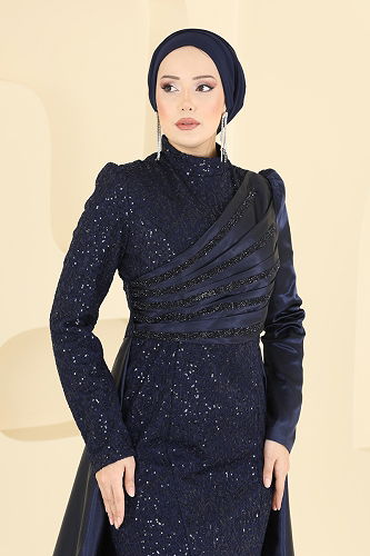 moda selvim فستان سهرة كحلي 2849ELCK1161 - Thumbnail