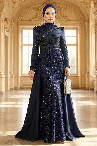 moda selvim فستان سهرة كحلي 2849ELCK1161 - Thumbnail