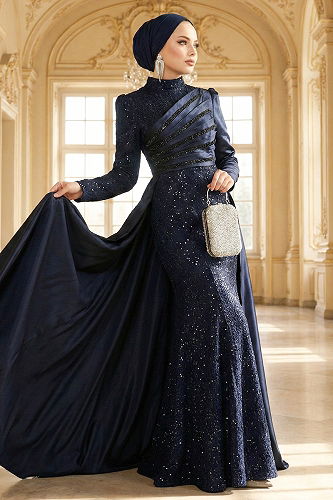 moda selvim فستان سهرة كحلي 2849ELCK1161 - Thumbnail