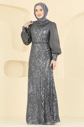 moda selvim Evening Dress 2854ELC1143 Anthracite - Thumbnail