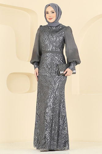 moda selvim فستان سهرة رمادي غامق 2854ELC1143 - Thumbnail