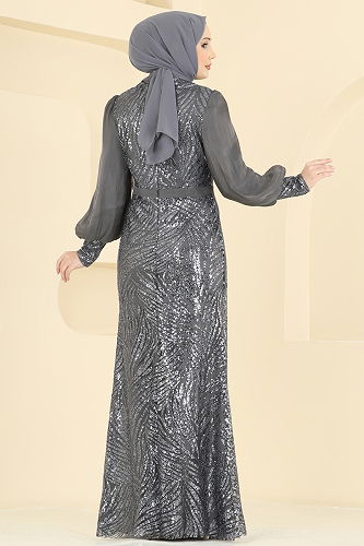 moda selvim فستان سهرة رمادي غامق 2854ELC1143 - Thumbnail