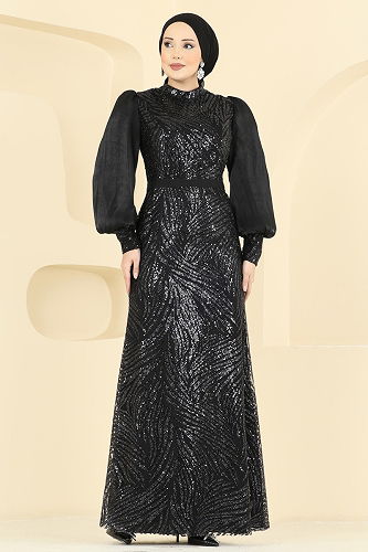 moda selvim فستان سهرة أسود 2854ELC1143 - Thumbnail