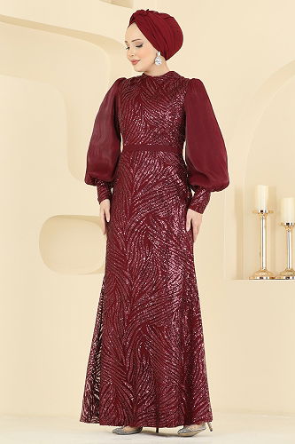 moda selvim Evening Dress 2854ELC1143 Burgundy - Thumbnail