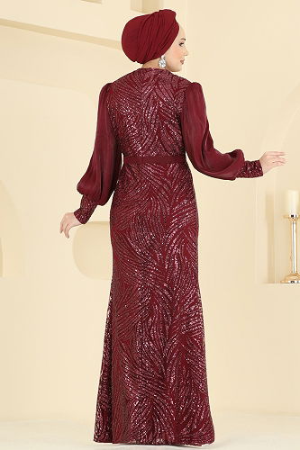 moda selvim Evening Dress 2854ELC1143 Burgundy - Thumbnail