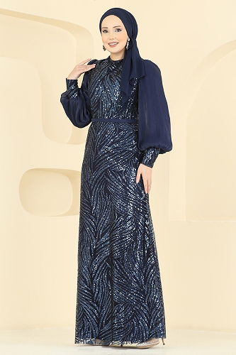 moda selvim فستان سهرة كحلي 2854ELC1143 - Thumbnail