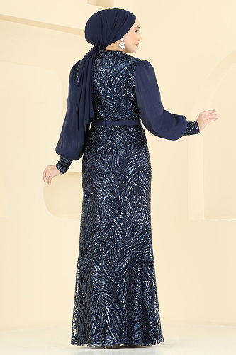 moda selvim فستان سهرة كحلي 2854ELC1143 - Thumbnail