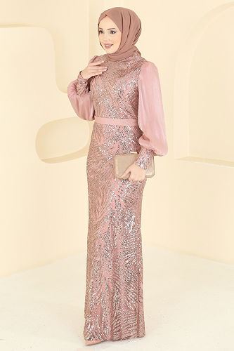 moda selvim فستان سهرة وردي 2854ELC1143 - Thumbnail