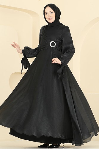 moda selvim فستان سهرة أسود 2855ELC1143 - Thumbnail