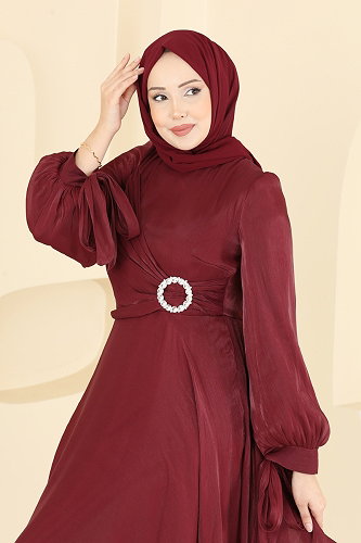 moda selvim فستان سهرة خمري 2855ELC1143 - Thumbnail