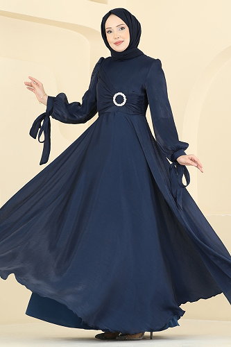 moda selvim فستان سهرة كحلي 2855ELC1143 - Thumbnail