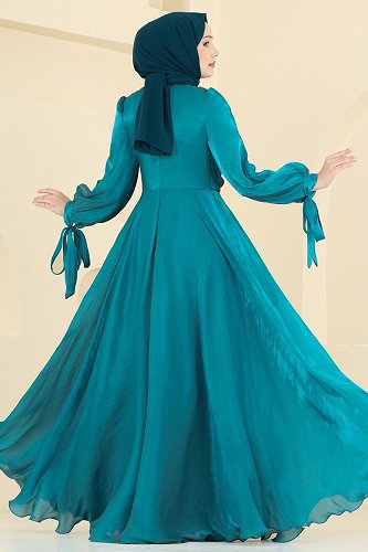 moda selvim فستان سهرة بترولي 2855ELC1143 - Thumbnail