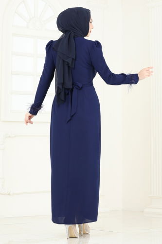 moda selvim Evening Dress 3008ARL1089 Navy Blue - Thumbnail