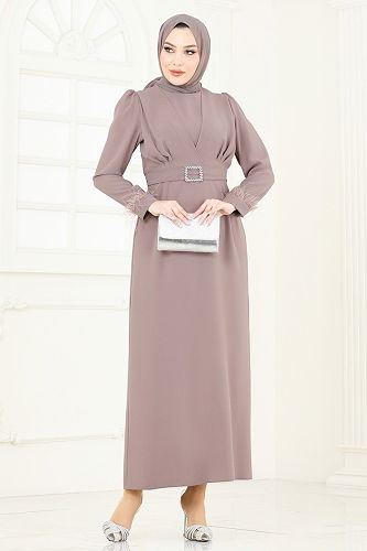 moda selvim فستان سهرة بيج 3008ARL1089 - Thumbnail