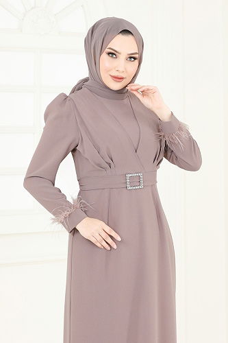 moda selvim فستان سهرة بيج 3008ARL1089 - Thumbnail