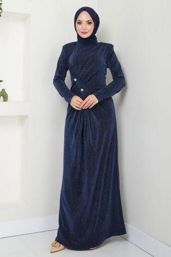 moda selvim Evening Dress 3010BSL1024 Navy Blue - Thumbnail