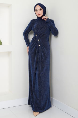 moda selvim Evening Dress 3010BSL1024 Navy Blue - Thumbnail