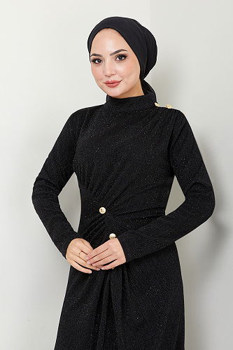 moda selvim فستان سهرة أسود 3010BSS1025-M - Thumbnail