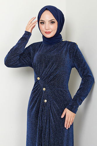 moda selvim Evening Dress 3010BSS1025-M Navy Blue - Thumbnail