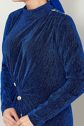 moda selvim فستان سهرة نيلي 3010BSS1025-M - Thumbnail