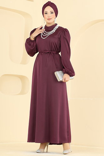 moda selvim فستان سهرة خمري 3012ARL1089 - Thumbnail