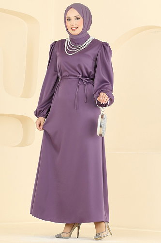 moda selvim Evening Dress 3012ARL1089 Dark Lilac - Thumbnail