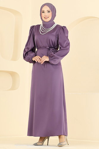 moda selvim فستان سهرة ليلكي غامق 3012ARL1089 - Thumbnail