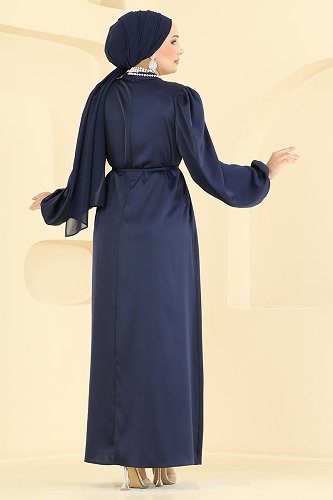 moda selvim Evening Dress 3012ARL1089 Navy Blue - Thumbnail