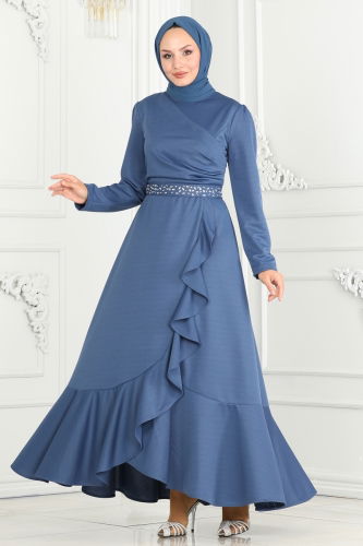 moda selvim Evening Dress 3017KTR750 Indigo - Thumbnail