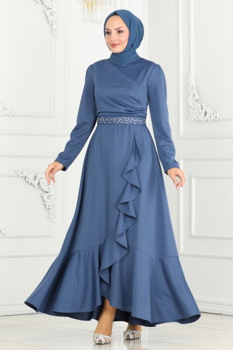 moda selvim Evening Dress 3017KTR750 Indigo - Thumbnail