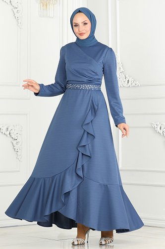 moda selvim فستان سهرة ازرق 3017KTR750 - Thumbnail