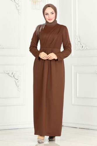 moda selvim Evening Dress 3018KTR750 Brown - Thumbnail