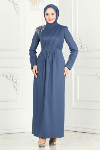 moda selvim Evening Dress 3018KTR750 Indigo - Thumbnail