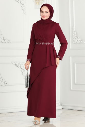 moda selvim EVENING DRESS 3020KTR750 Burgundy - Thumbnail