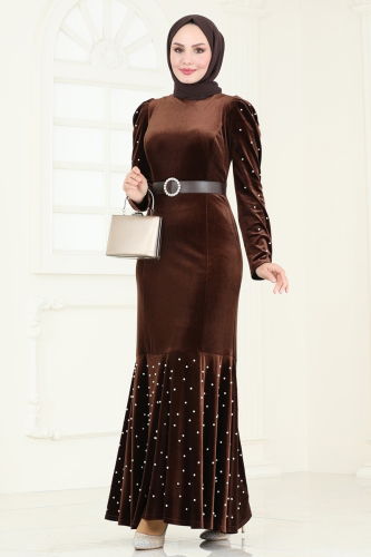 moda selvim Evening Dress 3715D170 Brown - Thumbnail