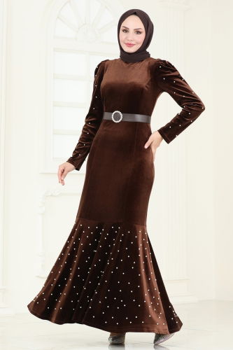 moda selvim Evening Dress 3715D170 Brown - Thumbnail