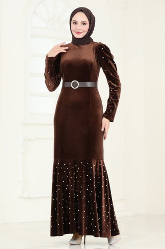 moda selvim Evening Dress 3715D170 Brown - Thumbnail