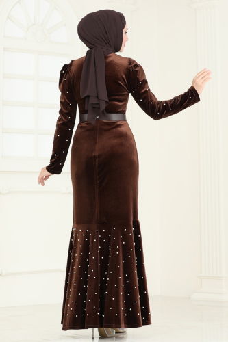 moda selvim Evening Dress 3715D170 Brown - Thumbnail