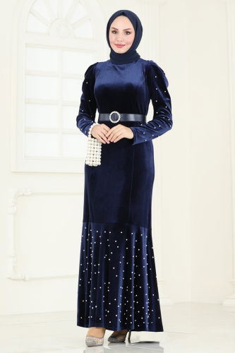 moda selvim Evening Dress 3715D170 Navy Blue - Thumbnail