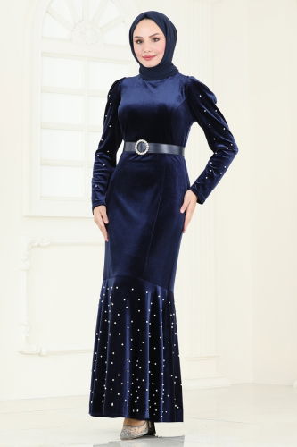 moda selvim Evening Dress 3715D170 Navy Blue - Thumbnail