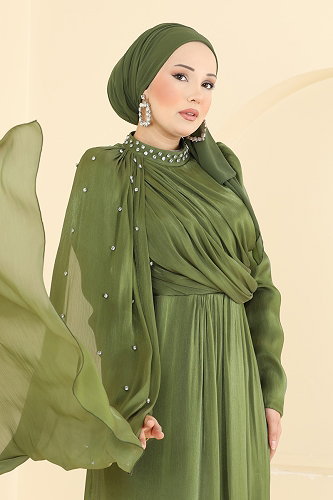 moda selvim Evening Dress 4012ARL1089 Khaki - Thumbnail