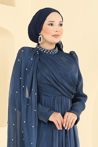 moda selvim Evening Dress 4012ARL1089 Navy Blue - Thumbnail